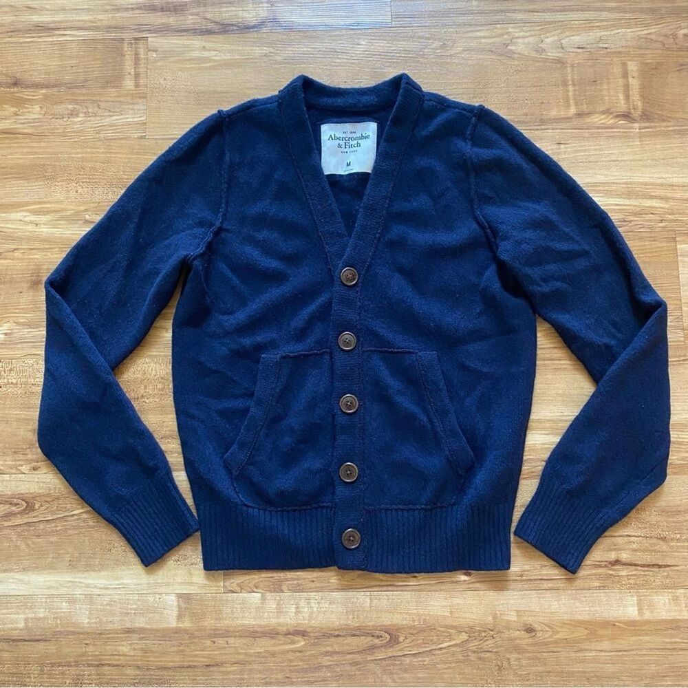 A&F Womens M Navy Blue Grandpa Cardigan Knit Varsity Soft Sweater Wool Cashmere